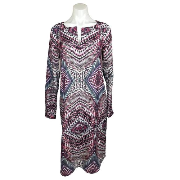 Anne Klein Multicolor Long Sleeve V Split Neck Geometric Shift Midi Dress Size 4 - Picture 2 of 6
